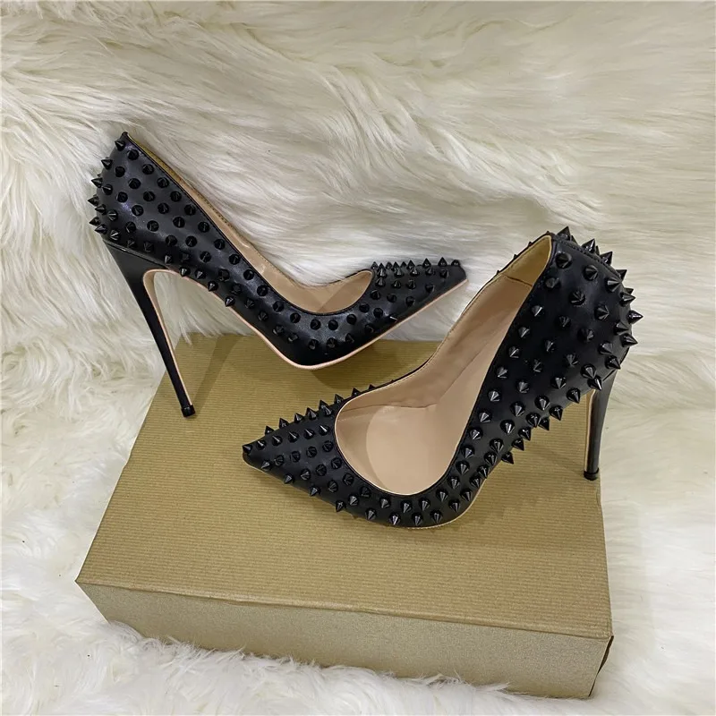 Black Spikes Women Pointed Toe Stilettos Sexy High Heels Rivets Ladies Slip-on Pumps Night Club Shoes 12/10/8cm Optional