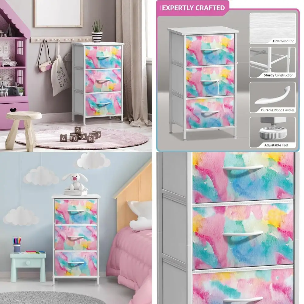 

Тумбочка с 3 ящиками: деревянный акцентный столик для спальни, офиса, общежития со стальным каркасом и контейнерами из пастельной ткани