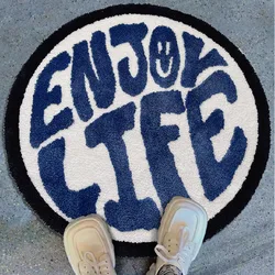 100cm Cool Round Tufted Bedroom Rug Soft Fluffy Letters Mat Bedside Carpet Floor Anti Slip Pad Aesthetic Home Room Decor
