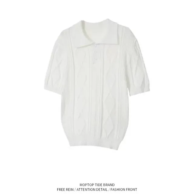 

Mr. WH Knitted Short Sleeve Shirt Men's Summer Casual Style Turn-down Collar T-shirt Loose Fit Polyester Fiber Non-defor...