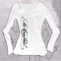 Grunge Y2K Aesthetic Women's Streetwear Gothic Harajuku Vintage Punk Emo Girls Long Sleeve Tee Sexy Slim Chic Printing Crop Tops