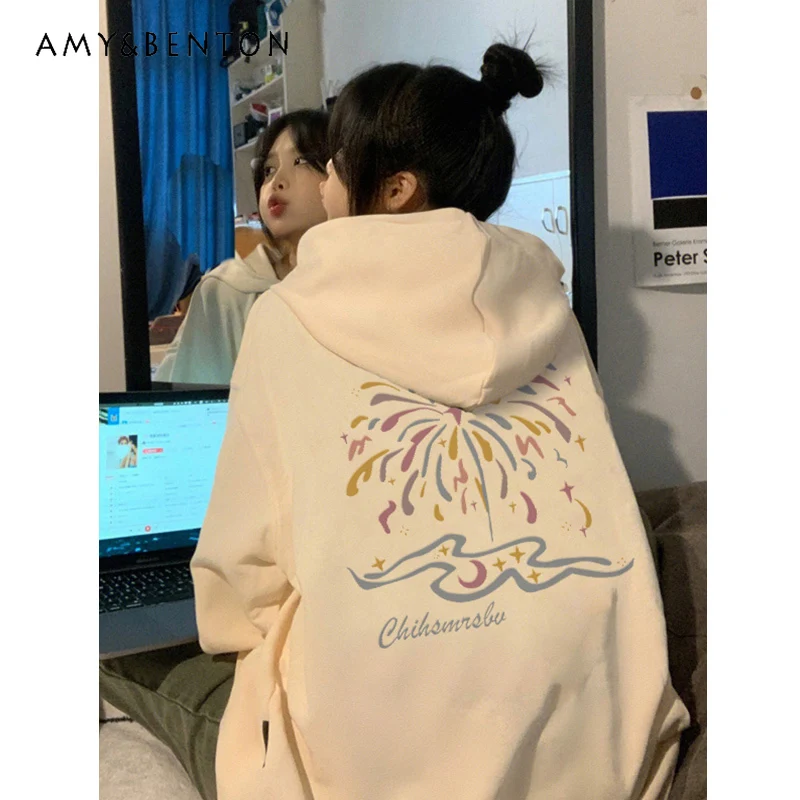 

Autumn Winter Women's Black Purple Yellow Letter Print Hoodie Loose Versatile Apricot Wine Red Fleece Thickened White Hoodie
