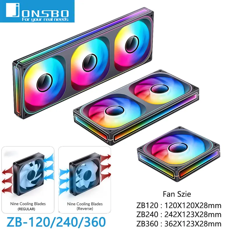 

Jonsbo ZB-120/240/360 ARGB Computer case fan,4 sides Infinity Mirror lighting effect/28MM thickness integrated cooling fan