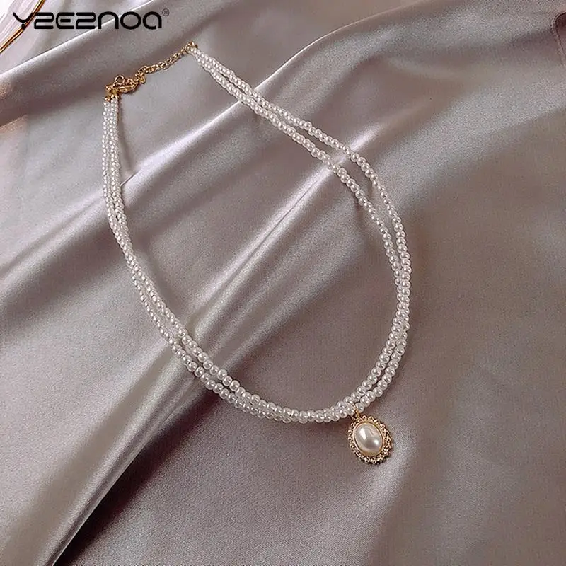 Popular Double Layer Pearl Pendant Necklace Gold Color Necklace Women Korean Style Pearl Pendant Necklace Fashion Jewelry Collar