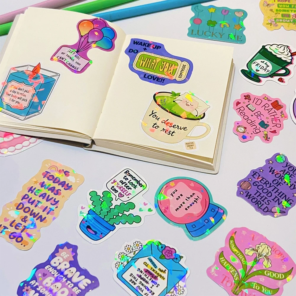 10/30/50/100pcs Motivational English Phrases Laser Stickers DIY Scrapbooking Phone Notebook Guitar Cute Cartoon Decals Toy Gift