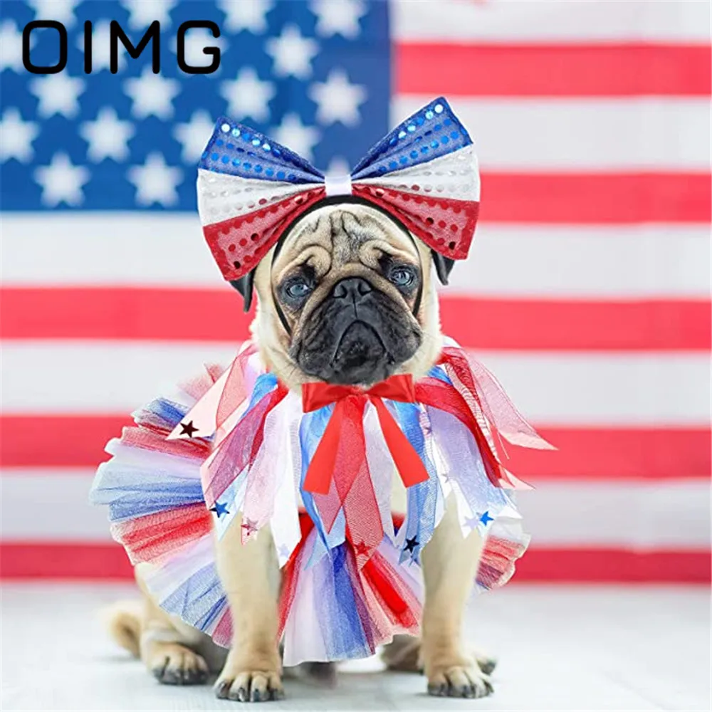 

OIMG Pet New Independence Day Hair Hoop Set Dog Independence Day Tutu Skirt Dog Party Decoration Supplies French Bulldog Yorkies