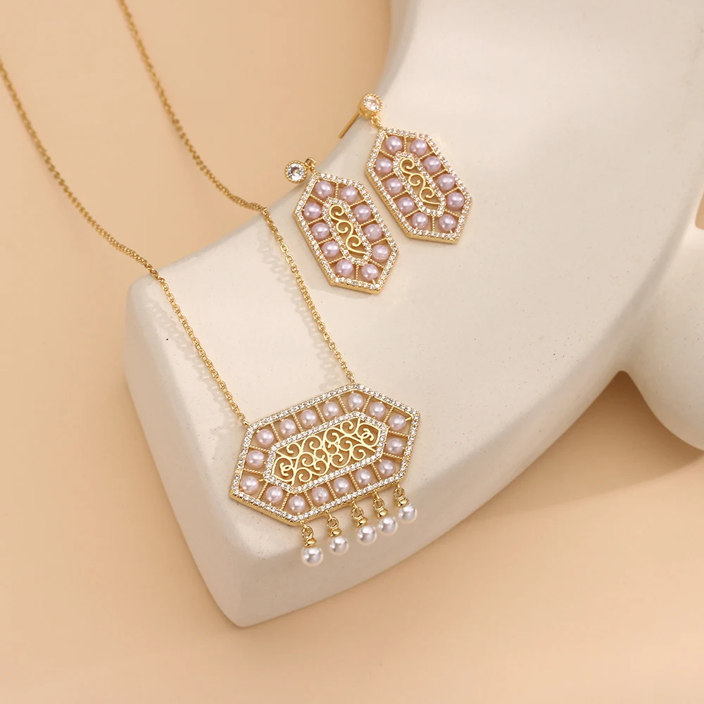 2024 Luxury pearl necklace earrings set for women Dubai Arabian style Geometic Design Bride Wedding Accessories Jewelry Set Gift