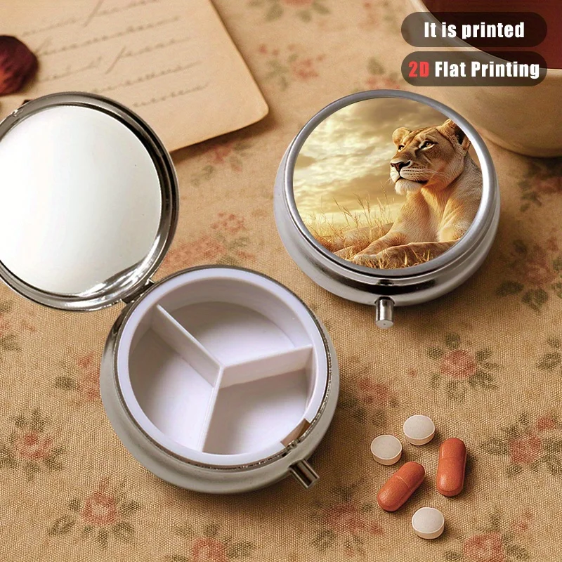 Female Lion Pattern 5-Compartment Round Sealed Box, Multi-Purpose Metal Box, 3-Compartment Storage Container for Sealed Items, Portable Travel Sealed Box for Outdoor Activities or Bags, Sealed Box for Vitamins with Multiple Compartments, Gift Collection Box, Printed Locations May Vary