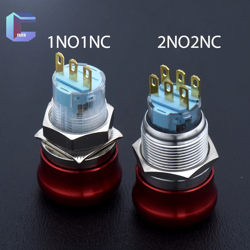 Metal Emergency Button Switch, 1NO1NC, 3Pin, 2NO2NC, 6Pin Type, No LED, 4A, Aço inoxidável, Mushroom Head, Rotation Reset, 16mm, 19mm, 22mm