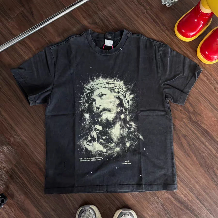 Washed SAINT Night light JESUS Prints T Shirt Men Women High Quality Tee Tops T-Shirt