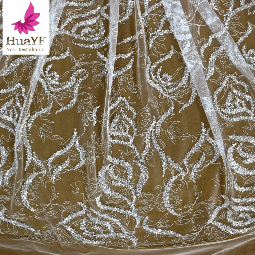 Off White bridal beading lace fabric wedding gown dress lace fabric sequins lace fabric HY1421