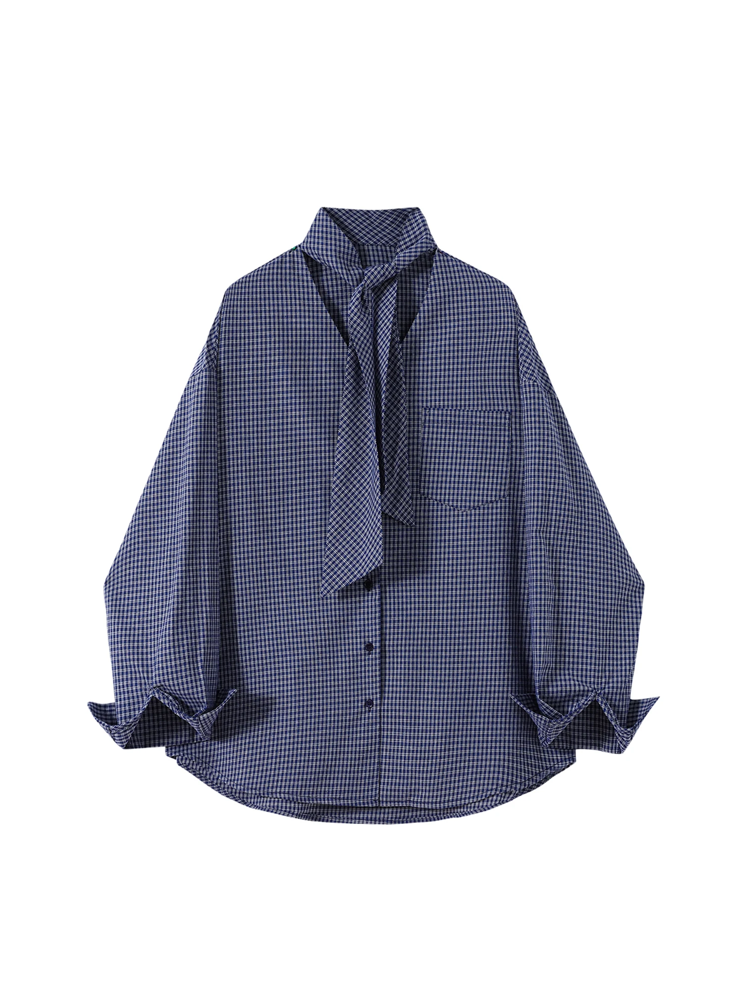 

Женские синие рубашки в клетку, блузки Y2k, винтажные элегантные эстетичные рубашки 2000-х годов с длинными рукавами и галстуком, модная одежда, осень-весна