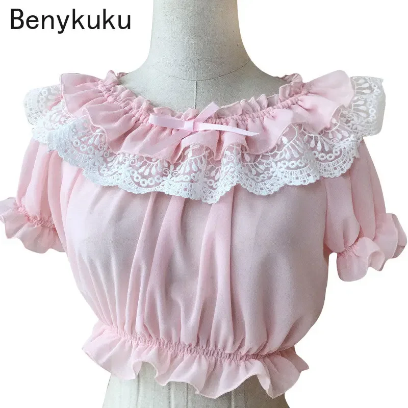 Womens Chiffon Crop Top Short Sleeve Blouse with Lace Detailing Puff Sleeve Lace Ruffles Lolita Blouse Summer Tops Tee Shirt