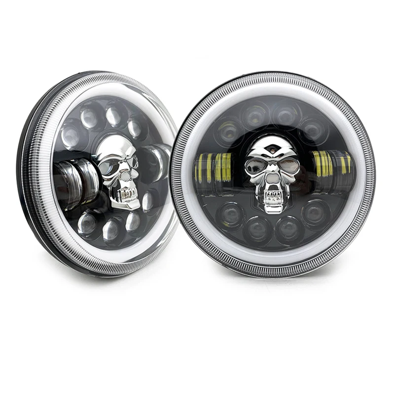 Halloween Skull Head Motorcycle Accessories 7 Inch LED Headlight for For Jeep Wrangler Lada 4x4 Niva OffRoad Hummer.