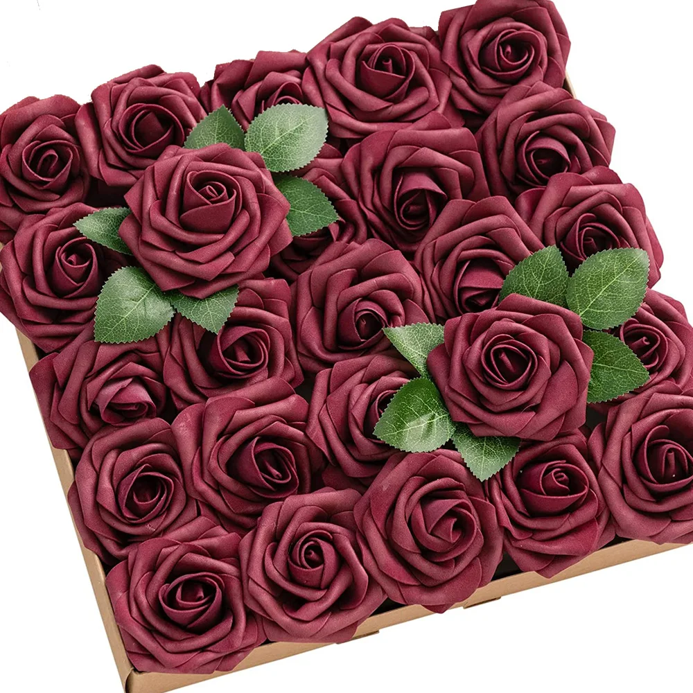 D-Seven Artificial Flowers 25/50pcs Burgundy Roses with Stem for DIY Wedding Centerpieces Bouquets Arrangement Flower Decoration