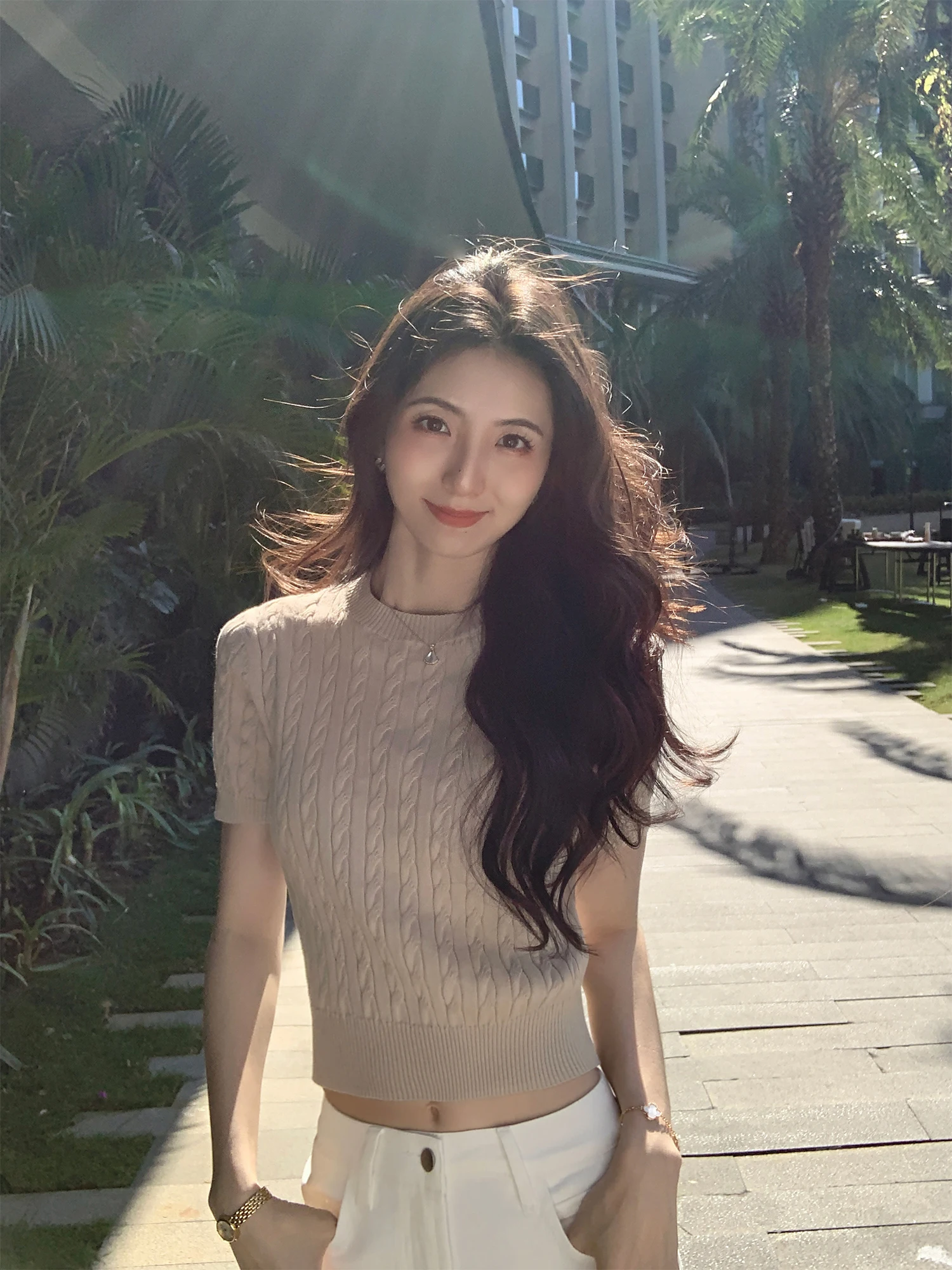 

Mulvan Women's Slim Fit ort Sve Knitwear Classic round Ne Cotton Blend Casual Top Versatile Spring Summer Faion