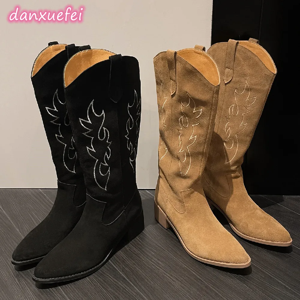 danxuefei women's natural suede leather 5cm chunky heel pointed toe slip-on autumn knee high western boots casual long boots hot