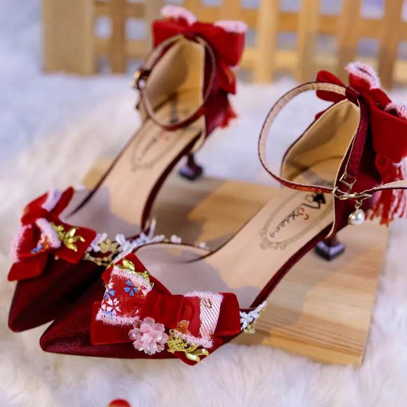 Red Chinese Style Lolita Heels Floral Bow Pointed Toe Shoes 5/8cm Heel Ankle Strap Wedding Pumps