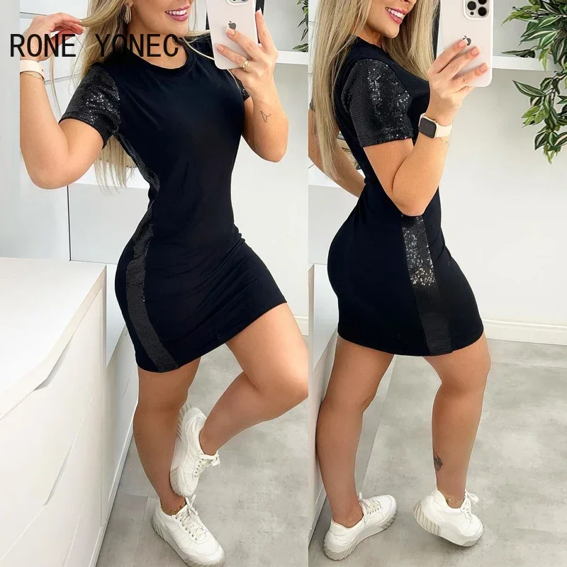 Kobiety eleganckie szykowne krótkie spodnie rękawy cekiny Patchwork Mini Sexy Bodycon na co dzień czarne sukienki