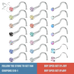 ZS 5-14pcs/lot Stainless Steel Nose Stud Set Colorful CZ Crystal Nose Piercings Screw S Shape Nostril Piercings Jewelry 18-20G
