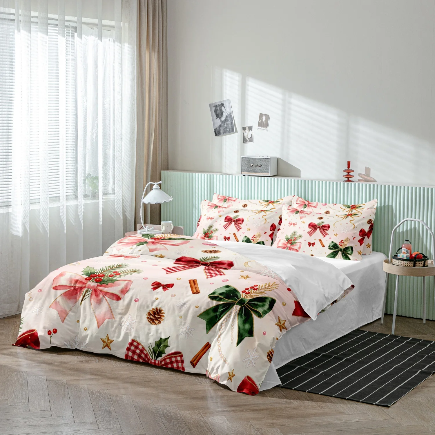3Pcs Watercolor Bow Christmas Print Duvet Cover Set, Winter Elements Plaid Bow Holly Pine Cone and Cinnamon Sticks Print Bedding