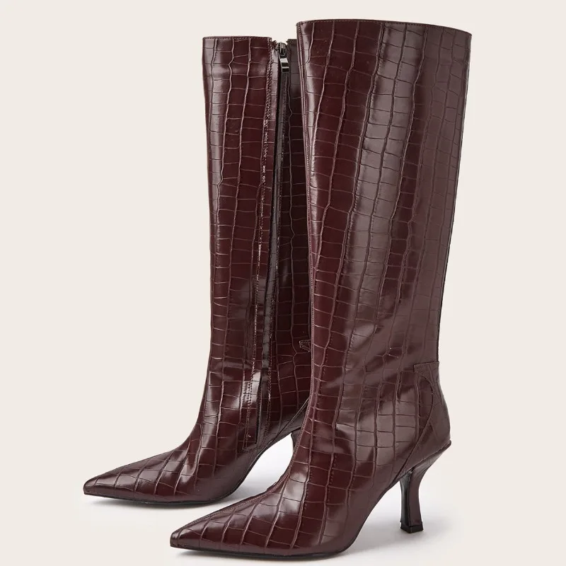 

New Retro Brown Black Stone Pattern Pointed Thin Heel Long Boots European American Fashion Leisure Commuting Vacation Women Boot