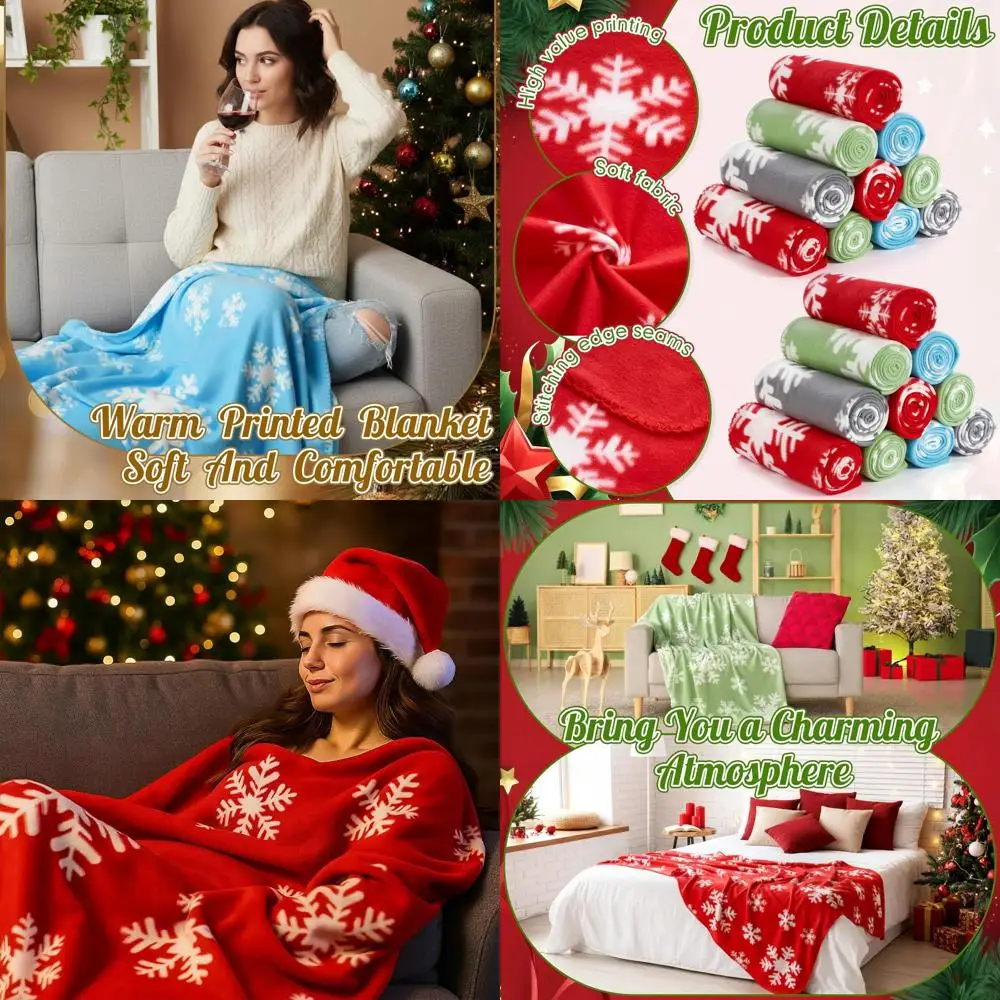 

50x60 Inch Bulk Pack of 12 Multicolored Soft Fleece Christmas Snowflake Blankets for Holiday Home Decor and Gifting