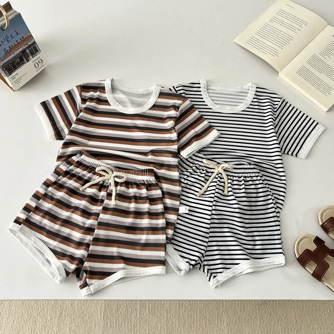 Kids Clothes Set 1-7T Simple Stripe Boys T-shirt +Shorts Suit Loose Thin Children Outfits Girls Summer 2PCS