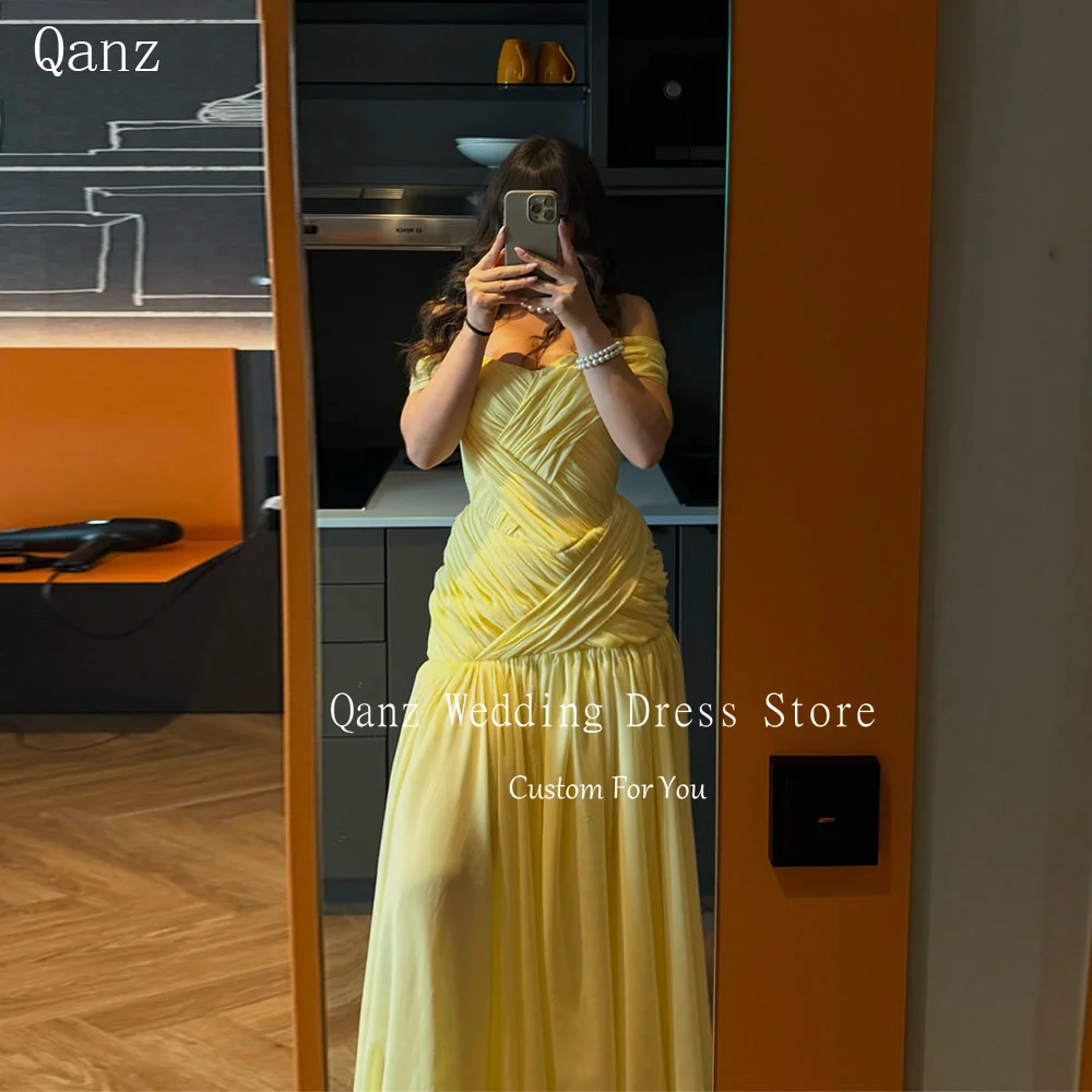 

Qanz Chiffon Prom Dresses Short Cap Sleeves Long A Line Pleat Formal Evening Dress Elegant Dresses for Special E+vent Customized