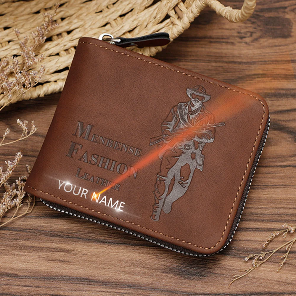 

Name Engraving New Short Men Wallet Large Capacity Zipper Coin Pocket Male Purses High Quality Card Holder Men's Wallet