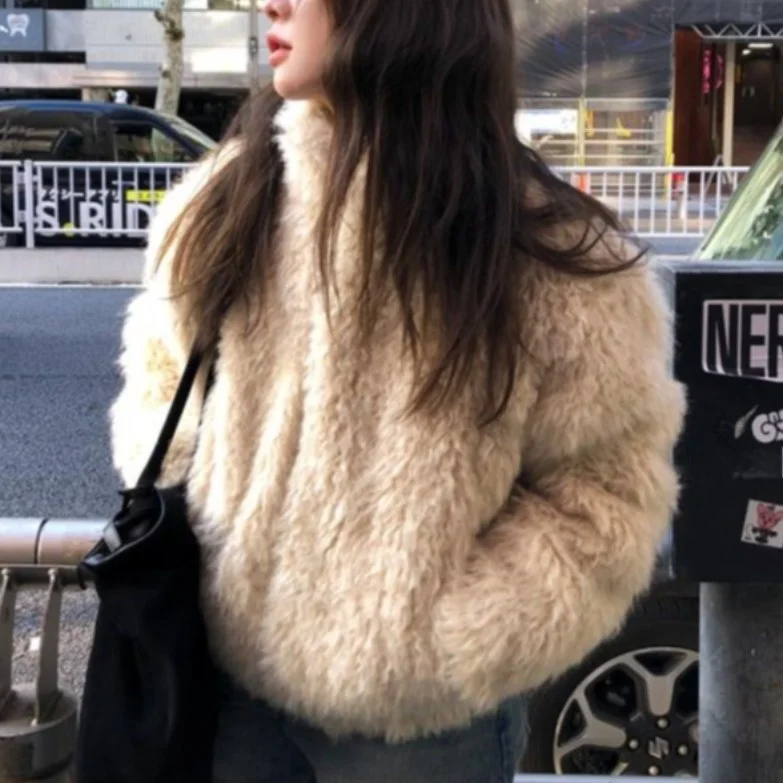 

Elegant Chic Long Sleeve Fur Coat Women's Loose High Collar Autumn Winter Fashion Vintage Soft Polyester Outerwear