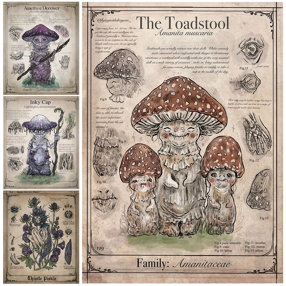 

Vintage Grimoire Wall Art Canvas Painting Fantasy Cryptozoology Mushroom Retro Poster And Print for Living Room Decor Unframed