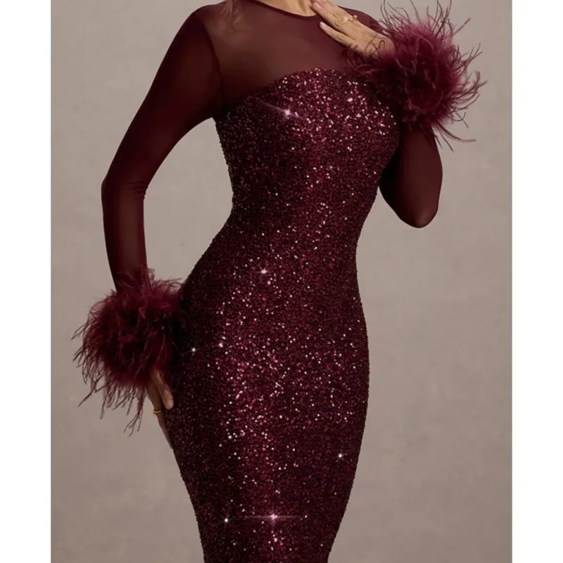 Abiti da ballo con paillettes Abito Abiti 2025 Donna Vestido Femininos Maniche lunghe Maglia Peluche Patchwork Banchetto Temperamento elegante