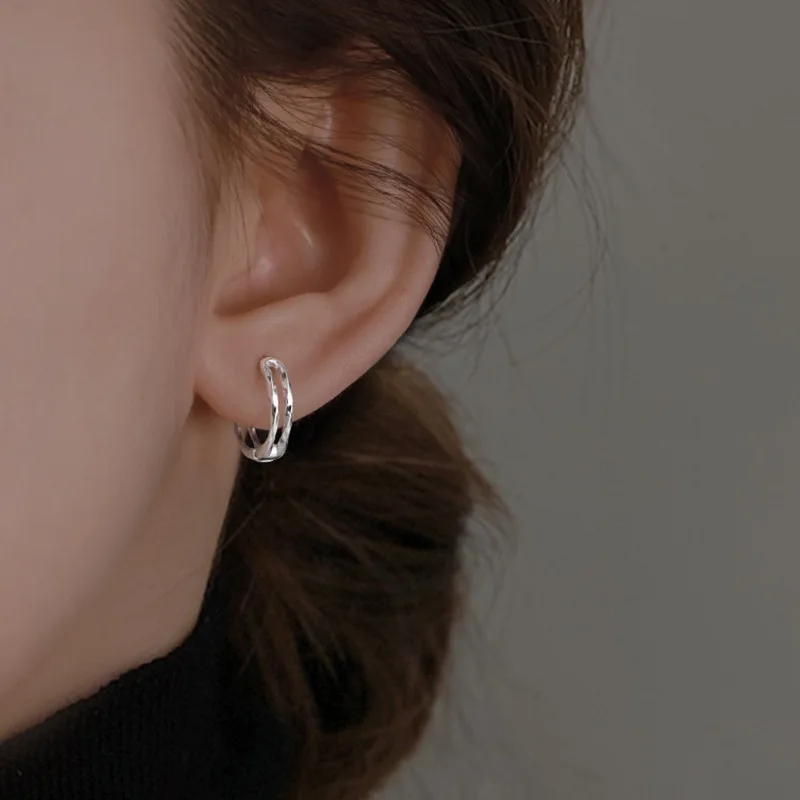 Trendy Sterling Silver Double Layer Hollowed Round Wave Hoop Earrings for Women Exquisite Jewelry Geometry Accessories Colorfast