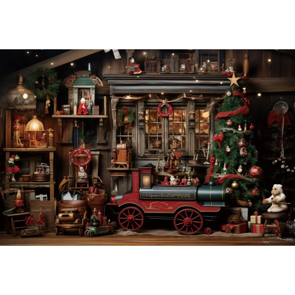 Christmas Vintage Warehouse Backdrop Xmas Tree Winter Wooden House Plank Shelf Toy Gift Family Party Photography Background Deco