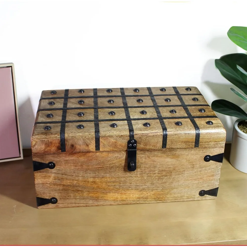 

Hot Sale.XLTreasure Chest Wooden Box w/Antique Iron Lock and Skeleton Key- Storage and Decor–Decorative Box with Hinged Lid