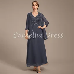 Neue V-Ausschnitt Mutter der Braut Kleid knöchel lange Chiffon Spitze Pailletten eine Linie Abendkleider Vestidos Mae da Noiva Casamentos