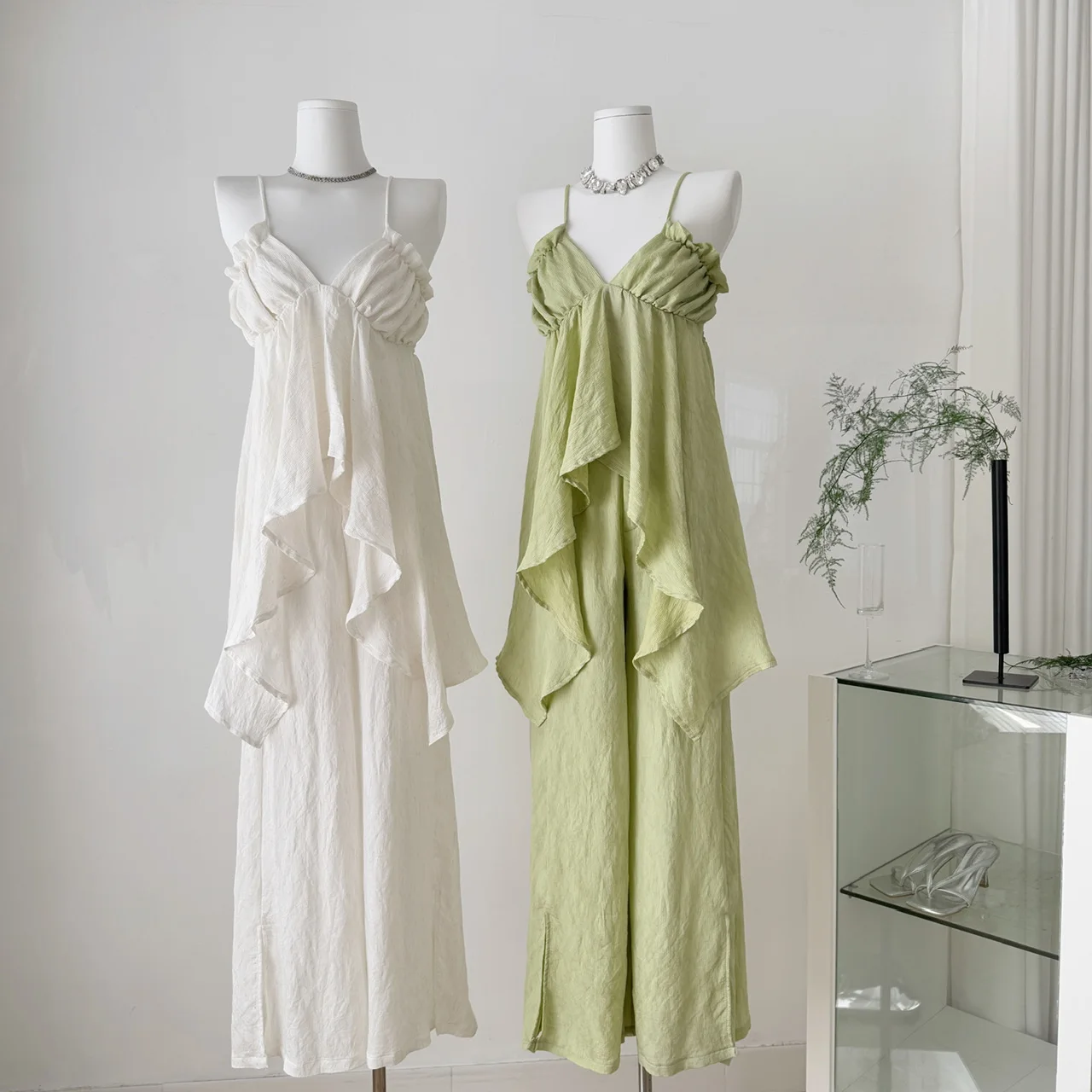 

Summer 2025 Sicily Linen Holiday Set Irregular V-neck Strap + Long Pants Set Women's Cotton Linen Skirt Suit Vacation Wear