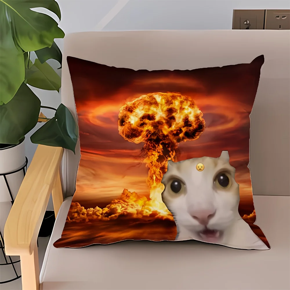 1pc Funny Meme Cat Nuclear Explosion Mushroom Cloud Throw Pillow Cover 2D Double-Side Print Polyester Cushion Case for Sofa Weir