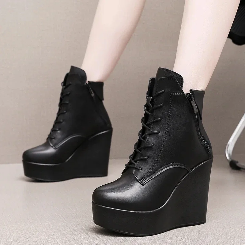 Women Genuine Leather Ankle Boots Winter Female Plush Snow Boots Platform Wedge Boots Women\'s High Heel Shoes Size 34-43