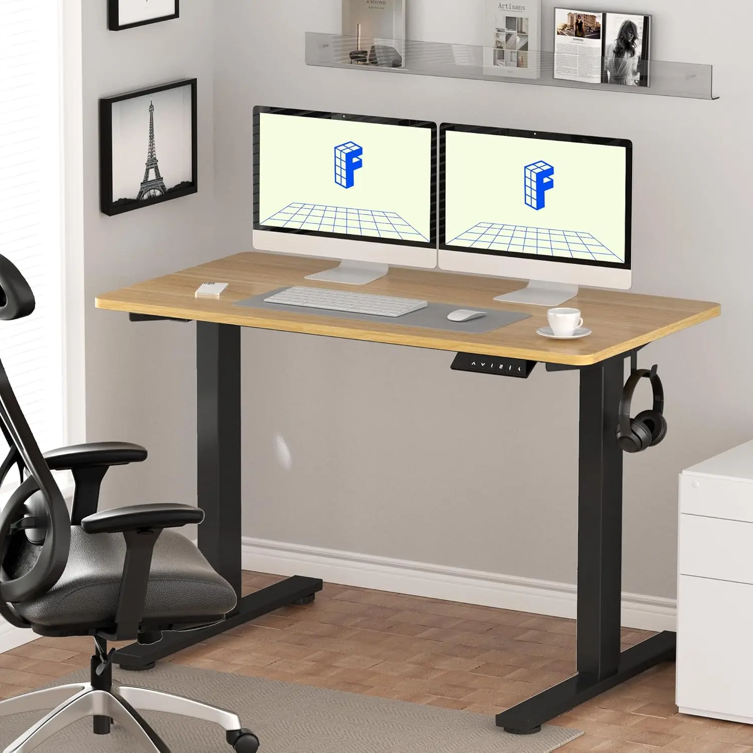 Stand up desk 55x28 height adjustable, sitting upright desk, home office desk (black frame+55 inch maple tabletop, 2-piece set)