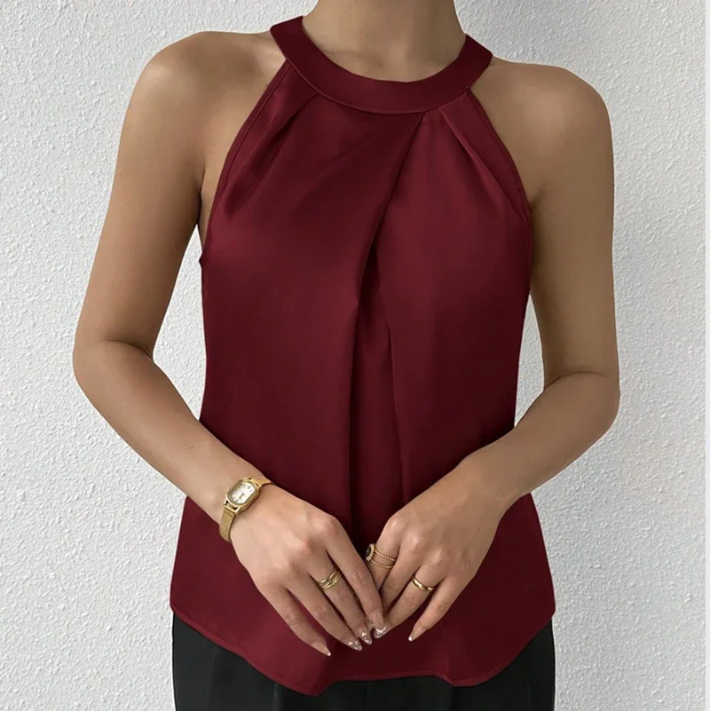 

Women Silk Satin Casual Top Multicolored Office Elegant Sleeveless O Neck Summer Lightweight Dressy Blouses Hollow Out Fashion