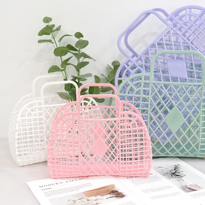 Large-capacity Bag Hollow Jelly Beach Holiday Portable Tote Bag Reusable and Easy To Clean Plastic Portable Bath Basket