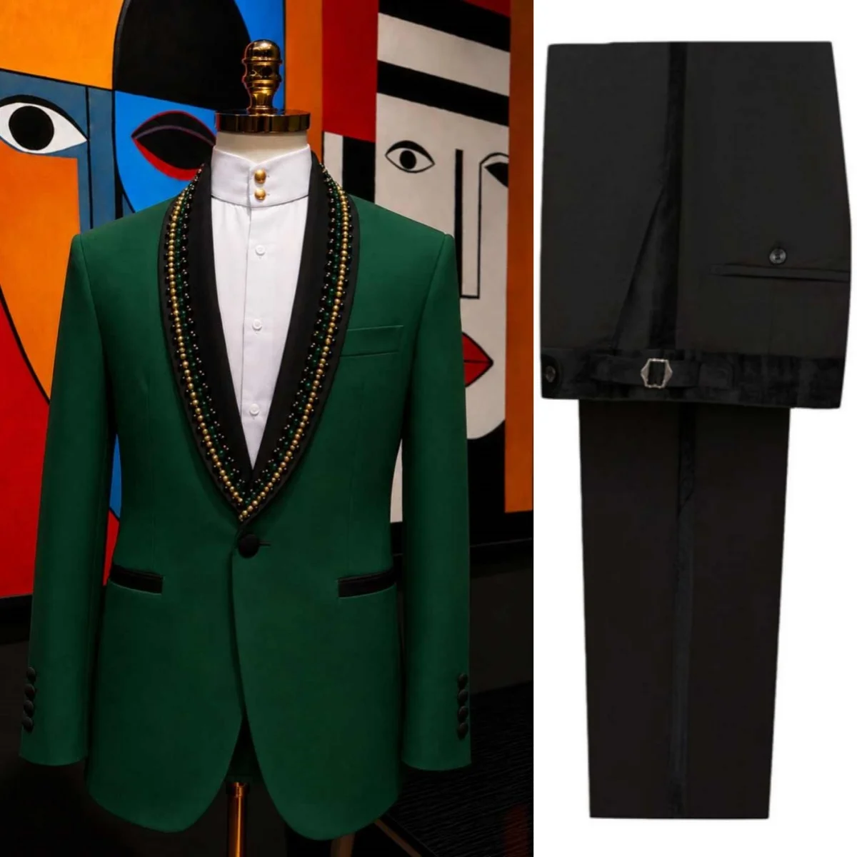 Design Men Tuxedos Pearls 2 Piece Set Slim Fit Suit  Shawl Lapel Jacket Pants Groom Evening  Blazers Customized For  Wedding