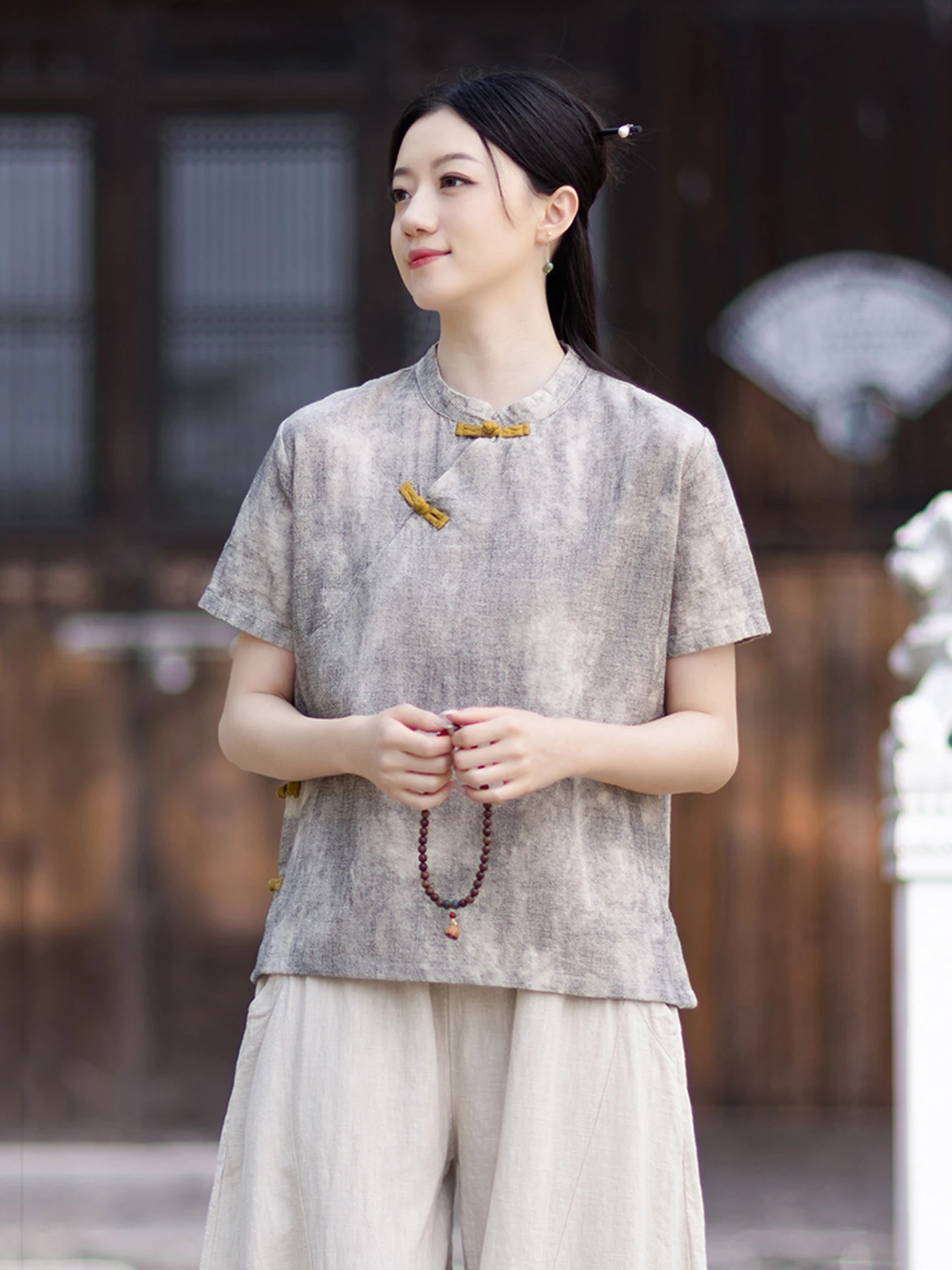 Boho Style Women's T-shirt New Chinese Style Small Shirt New Cotton Linen Material Button Design Short Sleeve Breathable Summ...