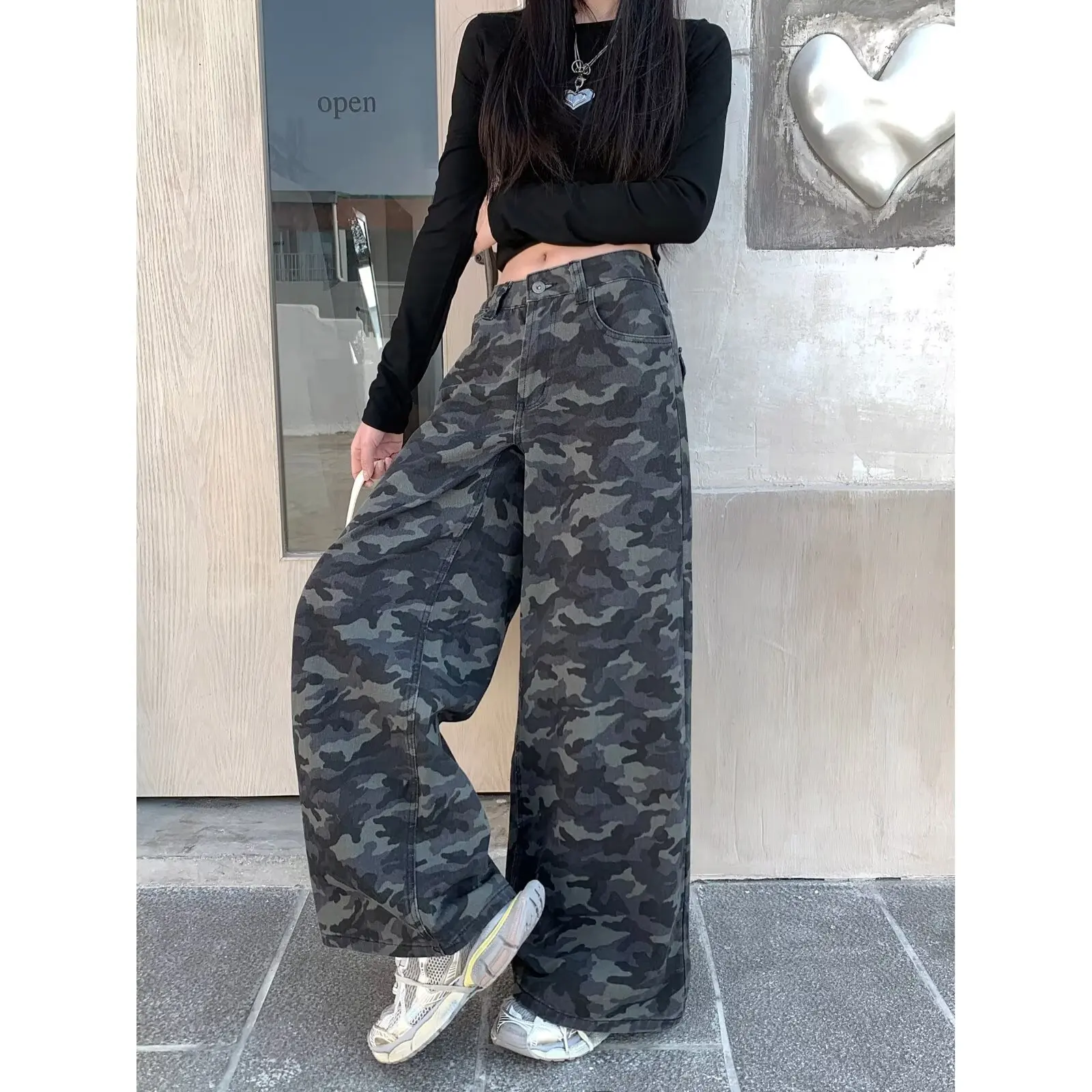 Jean camouflage à jambes larges pour hommes et femmes, nouveau style 2025 pour le printemps et l'automne, taille haute, coupe ample, amincissant, Vin américain