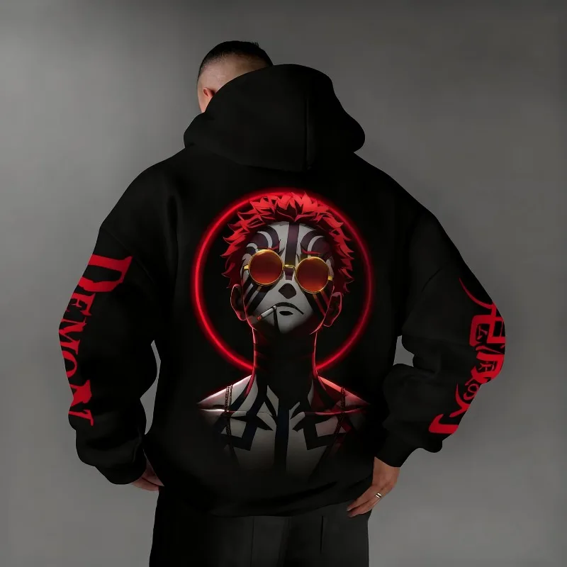 2025 outono inverno hoodies masculinos anime japonês demon slayer akaza gráficos roupas oversized 100% algodão topos y2k streetwear