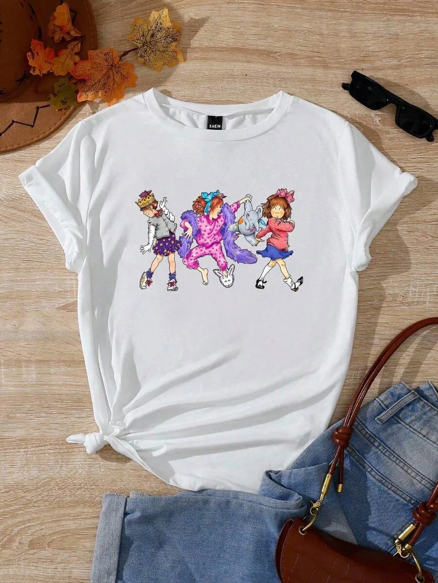 

Женская белая футболка больших размеров с танцевальным принтом персонажей мультфильмов