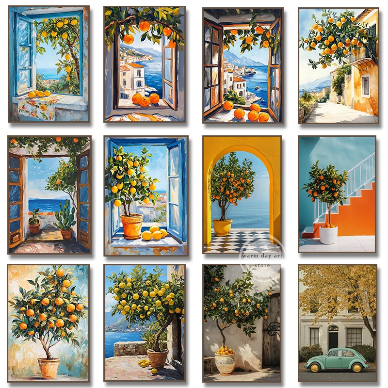 Affiche d'arbre à citron Orange sur fenêtre, peinture sur toile méditerranéenne imprimée, tableau d'art mural pour décoration de salon et de maison
