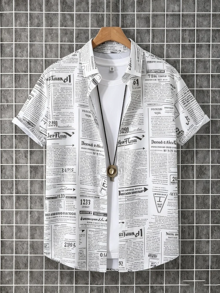 Men's retro newspaper printed short sleeved shirt with lapel buttons, street casual vacation shirt